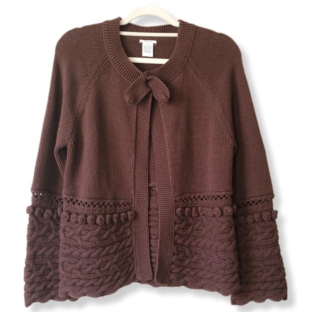 Women Brown Cardigan Cable Sweater M Twee Dark Cottage Cozy Witchy Granny Scandi